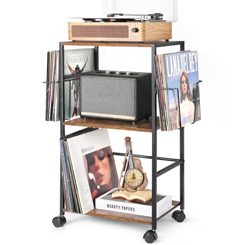 Bikoney rolling record cart carrying a turntable, records and display slots on wheels