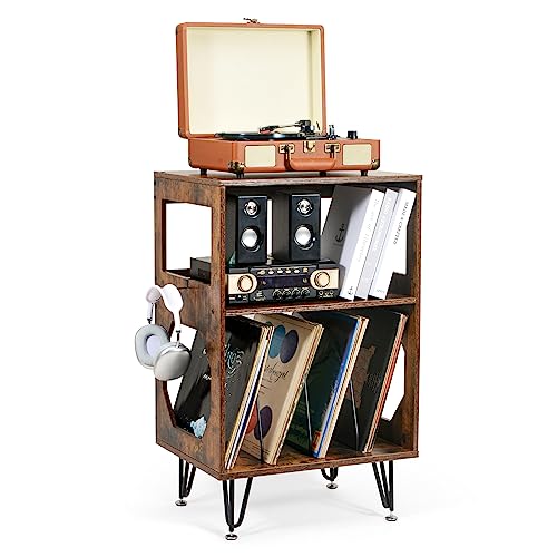 Ikkle rustic record player stand with warm timber top and industrial black metal legs
