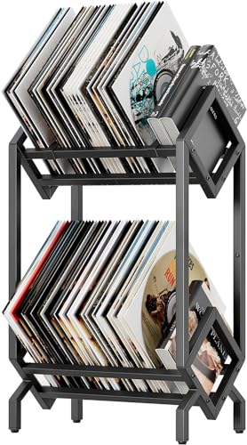 Keysafer two-row black metal record rack filled with around 200 upright LPs