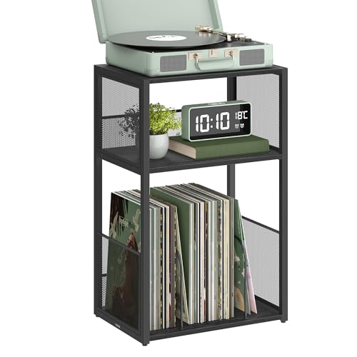Vasagle slim ebony-black 3-tier record player side table with turntable and records